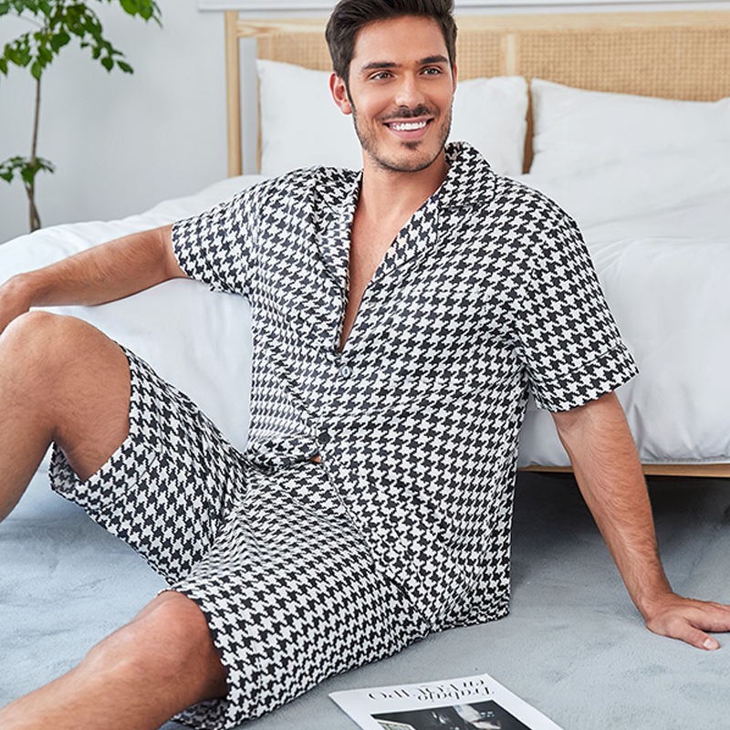 Summer Short 2 Piece Men's Sleepwear Houndstooth Plaid Print Loungewear Shorts Custom Cotton Mens Pajamass